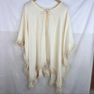 Anthropologie OTHERS FOLLOW Cream Fringe Poncho One Size Womens Boho Lagenlook